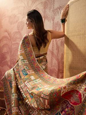 Off white viscose silk position print saree with contrast blouse piece 5