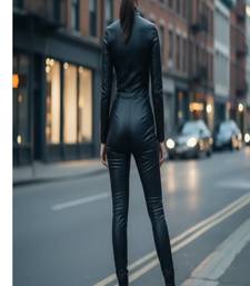 Women’s black soft genuine lambskin leather utility zipper jumpsuit