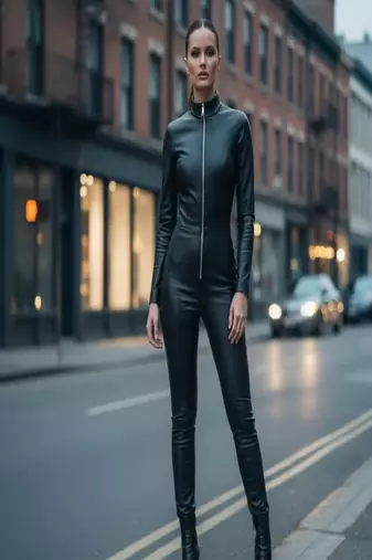 Women’s black soft genuine lambskin leather utility zipper jumpsuit