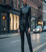 Women’s black soft genuine lambskin leather utility zipper jumpsuit