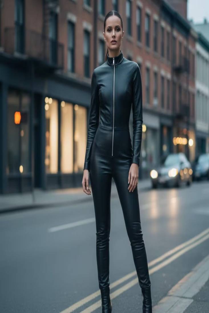 Women’s black soft genuine lambskin leather utility zipper jumpsuit