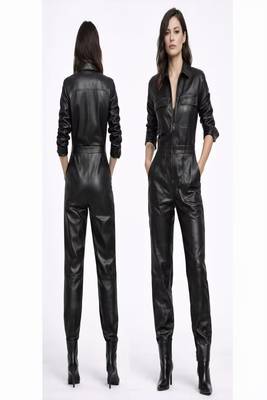 Women’s black soft genuine lambskin leather utility bust flap pocket jumpsuit 1