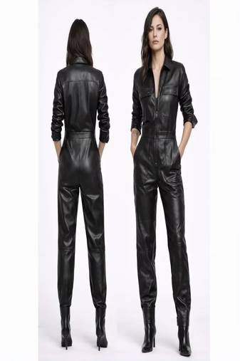 Women’s black soft genuine lambskin leather utility bust flap pocket jumpsuit