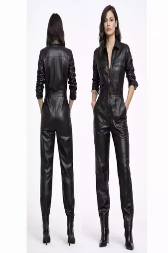 Women’s black soft genuine lambskin leather utility bust flap pocket jumpsuit