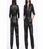 Women’s black soft genuine lambskin leather utility bust flap pocket jumpsuit