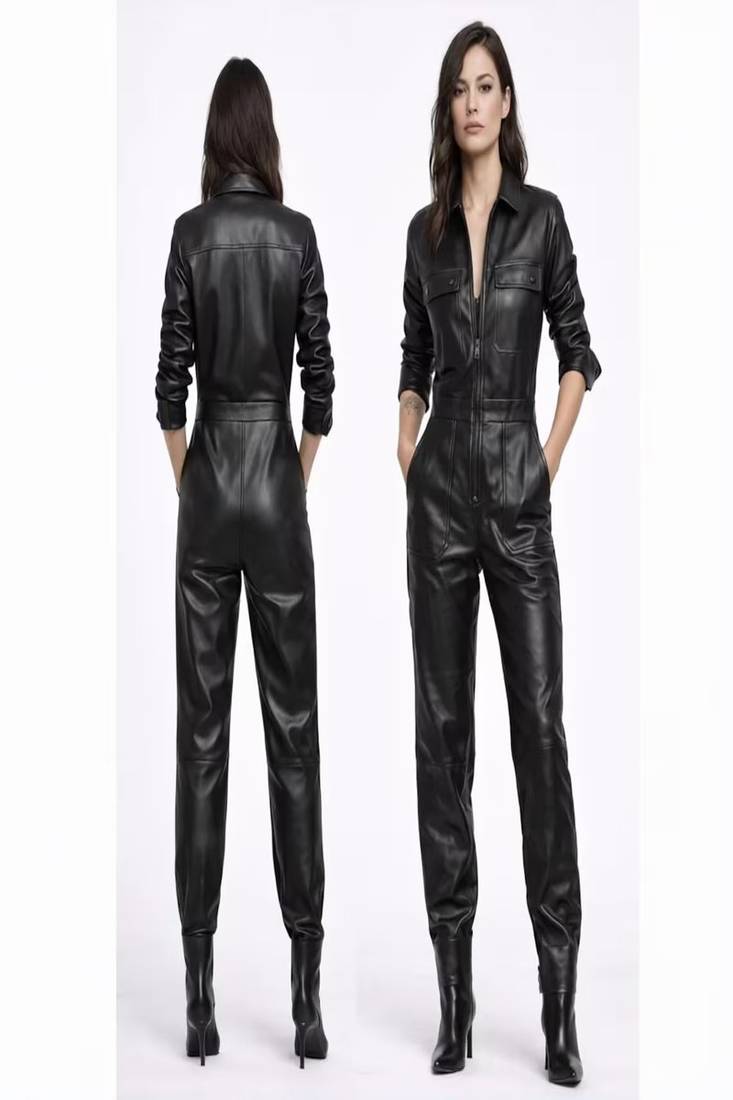 Women’s black soft genuine lambskin leather utility bust flap pocket jumpsuit
