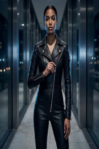 Women’s black soft genuine lambskin leather utility biker zipper jumpsuit