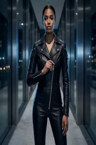 Women’s black soft genuine lambskin leather utility biker zipper jumpsuit