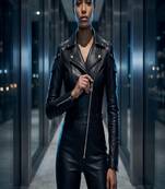Women’s black soft genuine lambskin leather utility biker zipper jumpsuit