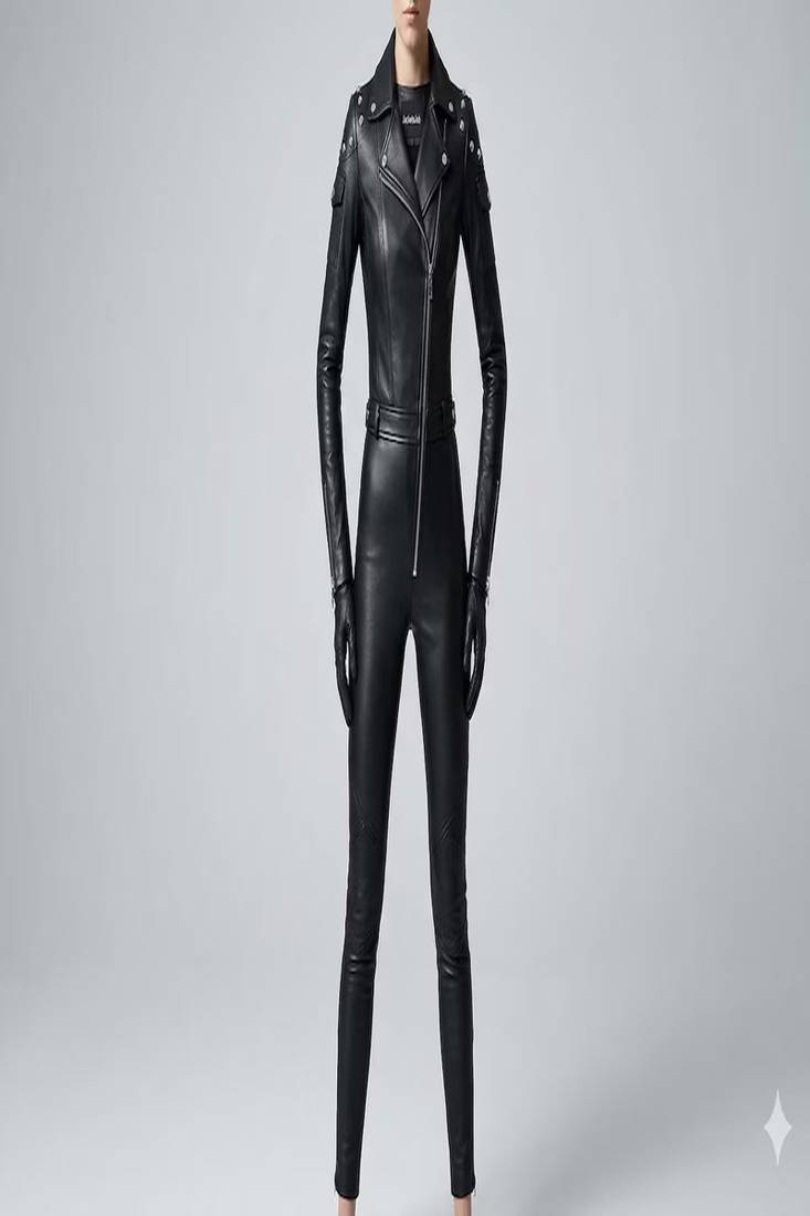 Women’s black soft genuine lambskin leather utility biker zipperjumpsuit