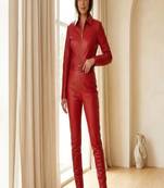 Women’s red soft genuine lambskin leather utility biker zipperjumpsuit