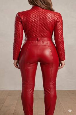 Women’s red soft genuine lambskin leather utility biker zipperjumpsuit 2