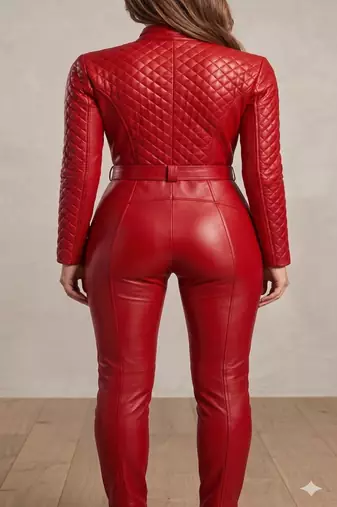 Women’s red soft genuine lambskin leather utility biker zipperjumpsuit