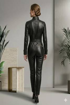 Women’s black soft genuine lambskin leather utility biker zipper stand collar jumpsuit 2