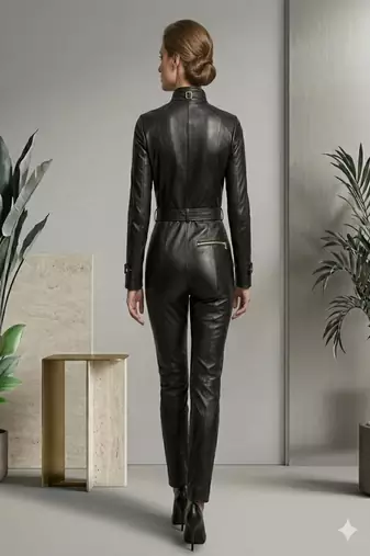Women’s black soft genuine lambskin leather utility biker zipper stand collar jumpsuit