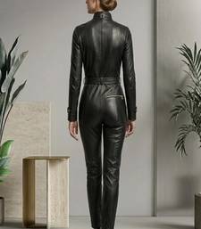 Women’s black soft genuine lambskin leather utility biker zipper stand collar jumpsuit