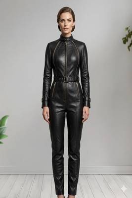 Women’s black soft genuine lambskin leather utility biker zipper stand collar jumpsuit 1