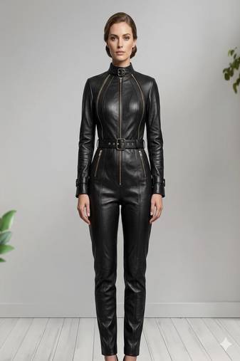 Women’s black soft genuine lambskin leather utility biker zipper stand collar jumpsuit