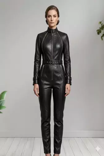 Women’s black soft genuine lambskin leather utility biker zipper stand collar jumpsuit