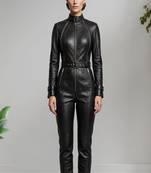 Women’s black soft genuine lambskin leather utility biker zipper stand collar jumpsuit