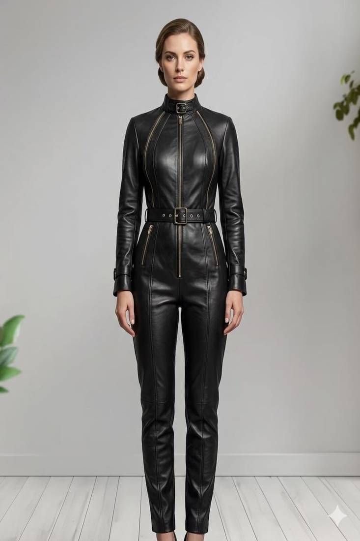 Women’s black soft genuine lambskin leather utility biker zipper stand collar jumpsuit