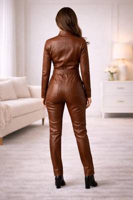 Women’s black soft genuine lambskin leather utility biker zipper jumpsuit 2