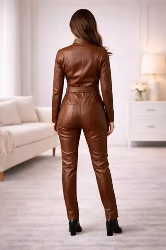 Women’s black soft genuine lambskin leather utility biker zipper jumpsuit