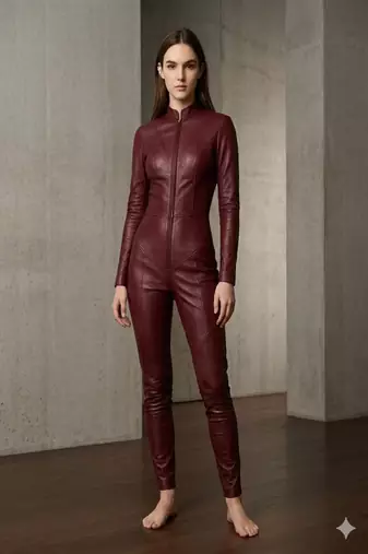 maroon soft genuine lambskin leather utility biker zipper jumpsuit
