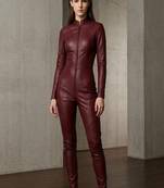 maroon soft genuine lambskin leather utility biker zipper jumpsuit