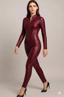 maroon soft genuine lambskin leather utility biker zipper jumpsuit 2