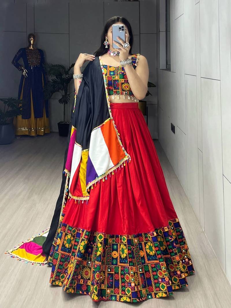 Red Rayon Cotton Embroidery Semi stitched Navratri Chaniya Choli