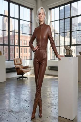 Women’s brown soft genuine lambskin leather utility biker zipper waist belted jumpsuit