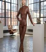Women’s brown soft genuine lambskin leather utility biker zipper waist belted jumpsuit