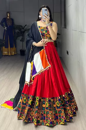 Red Rayon Cotton Embroidery Semi stitched Navratri Chaniya Choli
