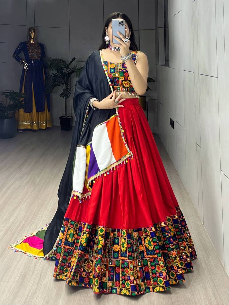 Red Rayon Cotton Embroidery Semi stitched Navratri Chaniya Choli