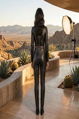 Women’s black soft genuine lambskin leather utility biker zipper piping jumpsuit 2