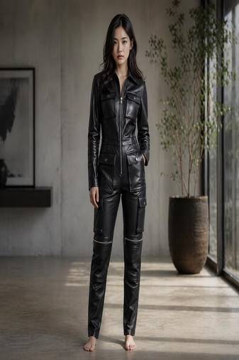 Women’s black soft genuine lambskin leather utility patch pocket jumpsuit