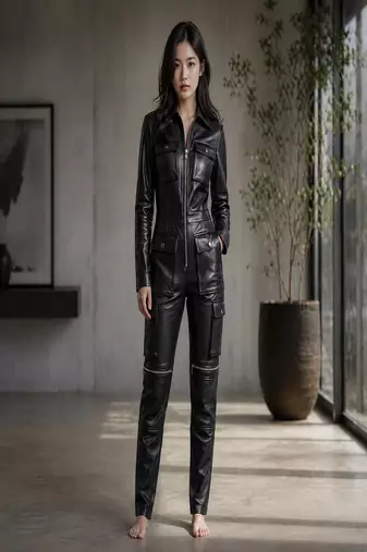 Women’s black soft genuine lambskin leather utility patch pocket jumpsuit