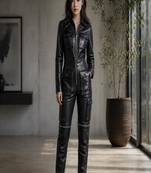 Women’s black soft genuine lambskin leather utility patch pocket jumpsuit