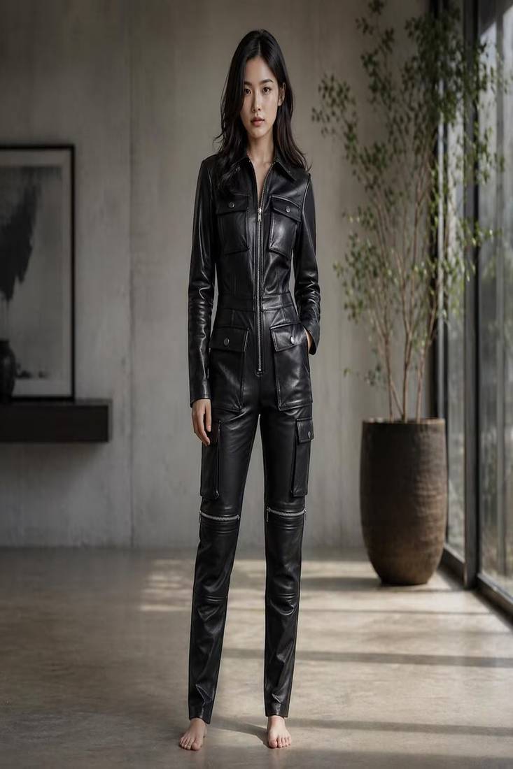 Women’s black soft genuine lambskin leather utility patch pocket jumpsuit