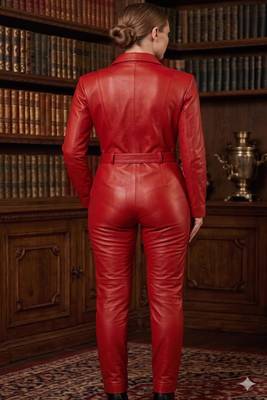 Women’s red soft genuine lambskin leather utility quilted style jumpsuit 2