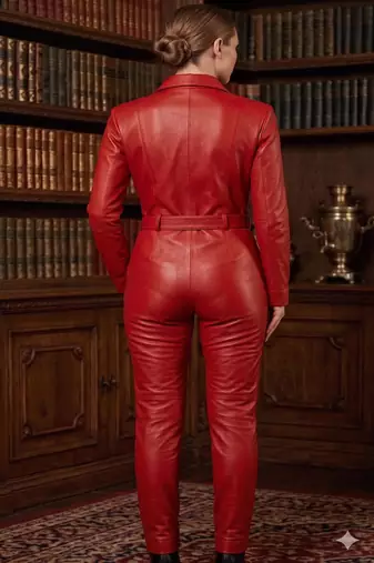 Women’s red soft genuine lambskin leather utility quilted style jumpsuit