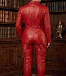Women’s red soft genuine lambskin leather utility quilted style jumpsuit