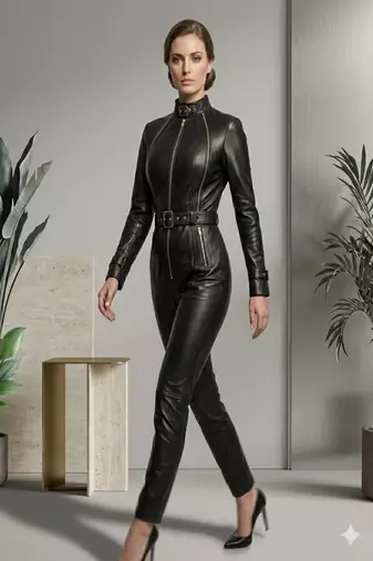 Women’s black soft genuine lambskin leather utility long sleeve jumpsuit