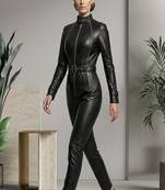 Women’s black soft genuine lambskin leather utility long sleeve jumpsuit