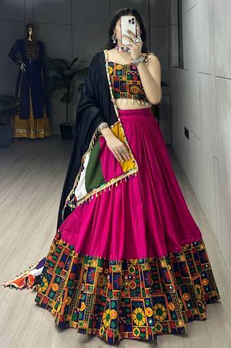Rani Pink Rayon Cotton Embroidery Semi stitched Navratri Chaniya Choli