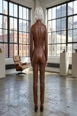 Women’s brown soft genuine lambskin leather utility long sleeve waist belted jumpsuit 2