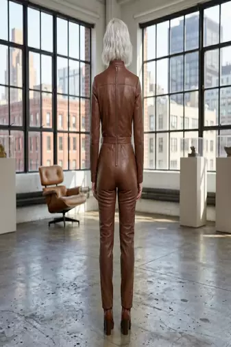 Women’s brown soft genuine lambskin leather utility long sleeve waist belted jumpsuit