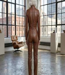 Women’s brown soft genuine lambskin leather utility long sleeve waist belted jumpsuit