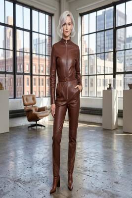 Women’s brown soft genuine lambskin leather utility long sleeve waist belted jumpsuit 3